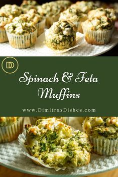 spinach and feta muffins on a plate with the title above it