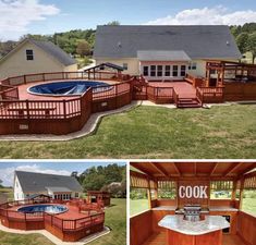 an image of a backyard with a pool and hot tub in the middle, surrounded by wooden decks