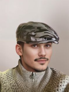 a young man with a mustache wearing a camouflage hat and turtle - neck sweater is looking at the camera