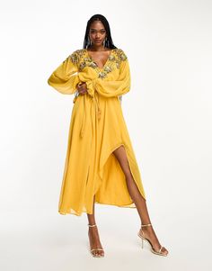 ASOS DESIGN Tall embellished floral and lattice detail midi dress with elasticated waist in mustard | ASOS Lattice, Mustard, Sequin, Asos, Midi Dress, Weddings, V Neck, Floral, Dresses