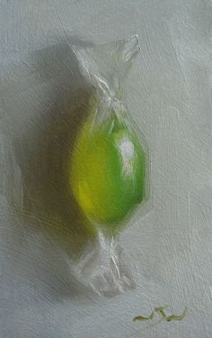 a painting of a green apple wrapped in plastic