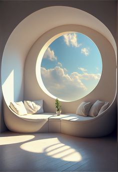 a round window in the middle of a room with white couches and pillows on it