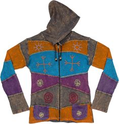 As the weather temperature gets low, the stormy grey jacket gets up to provide a layer! With its smart color combination of tangerine orange, blue, purple and hints of red, this handmade jacket is the perfect companion for getting through the changing weather.  The jacket is lightweight and comfortable with a knit cotton layer and does not provide much warmth, but it is a perfect piece to use as a layered look, you can combine the look with a turtleneck sweater and jeans. #tlb #Patchwork #Stonew Warm Cozy Multicolor Outerwear, Multicolor Long Sleeve Hippie Outerwear, Multicolor Cotton Hippie Outerwear, Hoodie Patchwork, Nature Clothes, Long Hippie Skirts, Multicolor Embroidered Patchwork Cotton Outerwear, Multicolor Fleece-lined Outerwear For Cold Weather, Weather Temperature