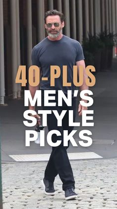 headline: 40-plus men's style picks, image: Hugh Jackman in t-shirt and pants Over 50 Mens Fashion, 50 Mens Fashion, Style In Your 40s, Shirt And Pants Combinations For Men, Clothes For Men Over 50, Style Over 50, Grey Pants Outfit, Aesthetic Mens, 40s Outfits