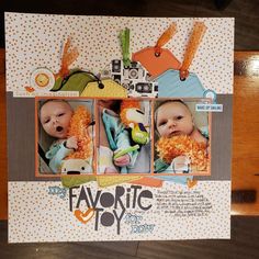 a scrapbook with two pictures of babys in the center and an orange teddy bear