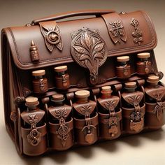 a brown leather bag filled with lots of bottles and magnets on top of it