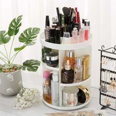 360-Degree Rotating Design: Features a fully rotating base that allows you to easily access all sides of the organizer, making it convenient to quickly find and retrieve your cosmetics or makeup tools. Skin Care Spinning Organizer, Spinning Organizer, Rotating Makeup Organizer, Makeup Stand, Makeup Holder, Organization Decor, Store Organization, Makeup Organizer, Storage Bins