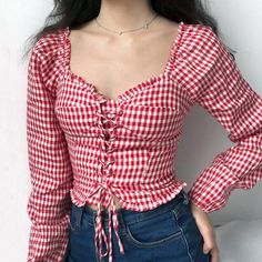 Sun-Imperial Women Sweetheart Neck Lace Up Crop Check Blouse With Frill Trim High Street Fashion Checked Blouse, Casual Work Outfit, Girls Blouse, Blouse Design Models, Long Sleeve Plaid Shirt, Women Shirts Blouse, Plaid Tops, High Fashion Street Style, Lace Shirt