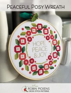 a cross stitch pattern with the words hope, peace and joy on it