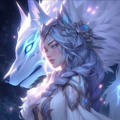 a woman with white hair and blue eyes standing next to a white wolf in the night