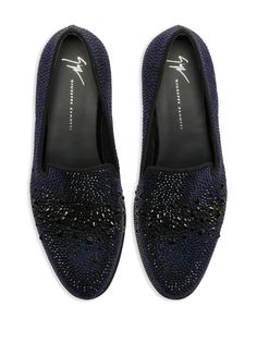 Giuseppe Zanotti Marthinique crystal-embellished Loafers - Farfetch Men's Slippers, Driving Moccasins, Mens Slippers, Giuseppe Zanotti, Blue Leather, Low Heels, Moccasins, Almond, Fashion Branding