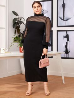 f5e3aeb7-596d-448c-913a-5ad5fdda81cb Black Long Sleeve Party Dress, Club Dresses Black, Plus Size Party Dresses, Black Party Dresses, Women Office, Bodycon Maxi Dresses, Moda Plus, Patchwork Dress, Long Sleeve Turtleneck