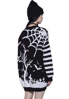 welcome 'em into your dark dwellings. This oversized cardigan sweater has a knit construction, striped, bat, spider web, and haunted house graphics, front button closures, and long sleeves. Skeleton Cardigan, Kimya Dawson, Halloween Costume Boots, Halloween Fashion Outfits, Haunted Cemetery, Oversized Cardigan Sweater, Wishlist 2024, Booties Outfit, Pastel Goth Fashion