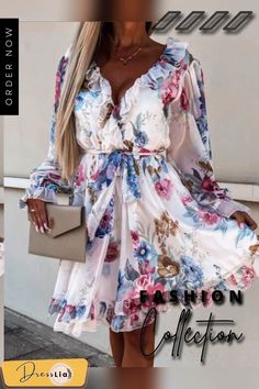 Sexy Backless Double V Neck Ruffle Party Dress Fashion Boho Floral Print Chiffon Beach Dress Elegant Women Tie Pleat Mini Dress Chiffon Beach Dress, Women Tie, Floral Print Chiffon, Fashion Boho, Pleated Mini Dress, Dresses By Length, Neck Ruffle, Dress Elegant, Print Chiffon