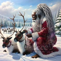 a painting of santa claus and reindeers in the snow