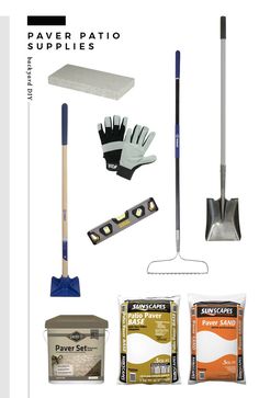 gardening supplies including shovels, gloves and other items are shown in this graphic above