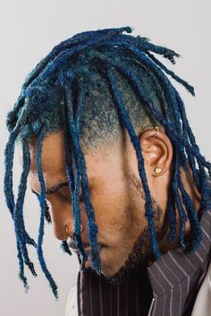 Colored Locs Men, Teal Locs, Locs Men, Turquoise Hair Color, Mens Dreadlock Styles, Mens Blue Hair, Dyed Dreads, Colored Locs