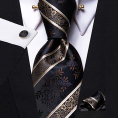 Silk Tie Black Champagne Floral Men's Tie Uniform School, Prom Gift, Collar Pin, Collar Pins, Cufflink Set, Men's Tie, Business Events, Tie Set, Formal Attire