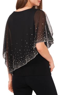 Shimmering imitation pearl beads and glittering rhinestones lend ethereal shine to an elegant blouse accented with shoulder-baring cutouts on the sleeves. Boat neck Elbow-length sleeves 96% polyester, 4% spandex Machine wash, tumble dry Made in the USA Elegant Embellished Party Tops, Elegant Pearl-embellished Blouse For Wedding, Glamorous Crystal Embellished Evening Tops, Elegant Embellished Summer Top, Elegant Beaded Tops For Night Out, Elegant Beaded Blouse For Wedding, Elegant Evening Tops With Rhinestones, Elegant Rhinestone Tops For Evening, Chic Evening Tops With Pearl Embroidery