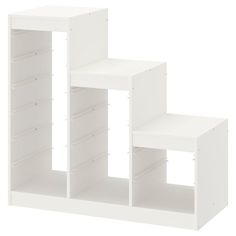 three white shelving units stacked on top of each other, with one shelf open