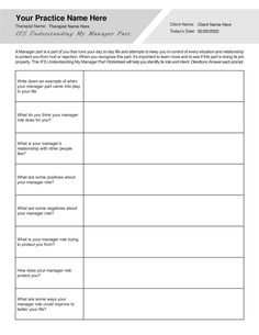 A Manager part is a part of you that runs your day to day life and attempts to keep you in control of every situation and relationship to protect you from hurt or rejection. When you recognize this part, it’s important to learn more and to see if this part is doing its job properly. This IFS Understanding My Manager Part Worksheet will help you identify its role and intent.  Our Internal Family Systems Understanding My Manager Part Worksheet (Editable, Fillable, Printable) is perfect for counselors, psychologists, psychiatrists, social workers, therapists, and other mental health professionals.

This Internal Family Systems Understanding My Manager Part Worksheet can be downloaded and used with all your clients, giving them the ability to fill it out on a digital device or print it out.
Th Distress Tolerance Worksheets, Life Coaching Worksheets, Existential Therapy, Coping Skills Worksheets, Couples Therapy Worksheets, Anger Management Worksheets, Self Esteem Worksheets, Internal Family Systems, Motivational Interviewing