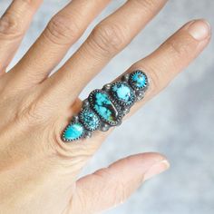 A statement ring of mixed turquoise. Sterling silver is patinaed for a weathered + antiqued look. Set in an hand forged bezel and a hand forged beaded band. D E T A I L S • Sterling Silver • 1.875"h x .75"w x .125"d • Size 7.25 US The ring will be carefully wrapped in tissue and placed in a decorative kraft box. It's ready to give to that special person! Rustic Hand Forged Ring Jewelry, Artisan Turquoise Ring With Patina, Rustic Turquoise Jewelry With Patina, Bohemian Hand Forged Turquoise Ring, Rustic Silver Rings With Patina, Handmade Rustic Silver Turquoise Ring, Turquoise Hand Forged Artisan Rings, Unique Turquoise Rings With Patina, Unique Hand Forged Turquoise Ring