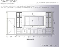 a drawing of a kitchen with cabinets, drawers and cupboards in the bottom half