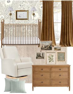 a baby's room with a crib, chair and pictures on the wall