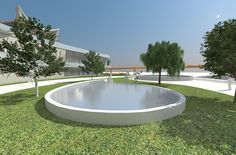 an artist's rendering of a circular fountain in the middle of a grassy area