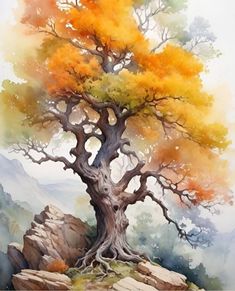 an artistic painting of a tree on top of a mountain with yellow and orange leaves