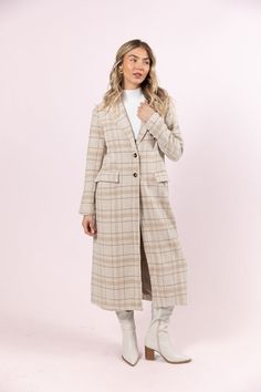 Details Tan Plaid Coat Fabric has no stretch Collared style, functional pockets, functional button up closure, back split hem Pair this coat over a cute dress! Lined Size small from shoulder to hem: 45" Material and Care 100% polyester Hand wash cold, line dry Patterns may vary Materials may have natural variations Colors may vary from different viewing devices Cocktail Dress Wedding Guest, Holiday Party Fashion, Thanksgiving Fashion, Tan Plaid, Red Romper, Pink Rompers, Plaid Coat, Cute Dress, Style Maxi Dress