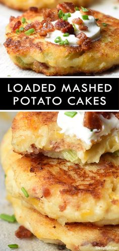 loaded mashed potato cakes with sour cream on top