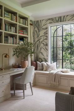 a room with a window seat, desk and bookshelf