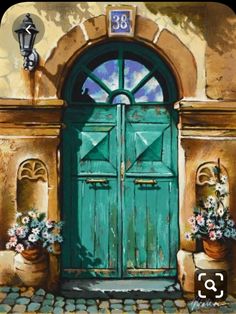 a painting of a green door with two potted plants