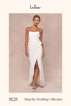 a woman in a white dress with the words shop the wedding collection