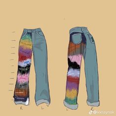 two jeans with different colors and patterns on them