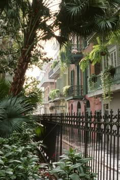 a black iron fence is in front of some trees and buildings with green shutters