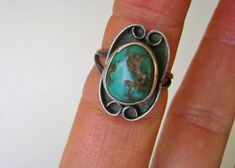 Antique Turquoise Ring With Patina, Vintage Turquoise Ring With Patina For Gift, Antique Turquoise Ring With Patina For Gift, Botanical Ring, Gold Diamond Band, Blue Band, Vintage Turquoise, Pinky Ring, Flower Ring