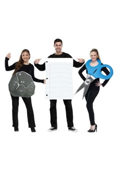 three people are holding scissors and a sheet of paper while standing next to each other