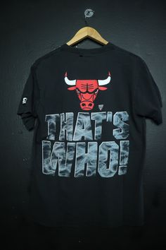 "Chicago Bulls vintage Tshirt from the 90s. Amazing huge front and back print \"who's gonna be there when the smoke clears?\" Printed on Starter, size M. Measurements Pit to Pit: 20\" Back of Collar to Bottom: 27.5\" This shirt is in soft vintage condition with cracking on the graphic and some holes as shown in photos. We do our best to describe all items. All shirts are sold in As-Is condition. Please keep in mind that this is a used vintage shirt so there will be age appropriate wear. Feel fre Throwback Graphic Print Tops For Streetwear, 90s Graphic Print Tops For Fan Gear, Casual Screen Print Tops For Fan Events, Casual Tops With Screen Print For Fan Events, 90s Style Graphic Print T-shirt For Fans, 90s Graphic Print T-shirt For Fan Gear, Throwback Graphic Print T-shirt For Streetwear, Throwback Streetwear T-shirt, Pre-shrunk, Throwback Logo Print T-shirt For Streetwear