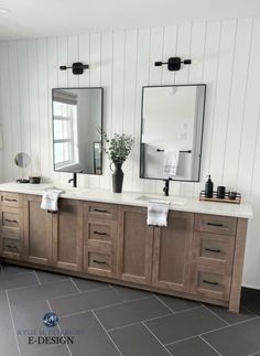 The Best White Paint Colors with Gray Floors, Cabinets, & Countertops - Kylie M Interiors Modern Farmhouse Bathroom With Gray Vanity, Bathroom Ideas Dark Floor Light Walls, Wood Vanity Dark Floor, Vertical Shiplap Behind Vanity, Charcoal Gray Bathroom Floor, Farmhouse Bathroom Black Floor, Master Bath Ideas Dark Floor, Ensuite Bathroom Ideas 2023, White Vertical Shiplap Bathroom