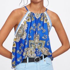 Zara Scarf/Bandana Top - Orange With Turquoise Details, Sleeveless Printed Stretch Tank Top For Summer, Printed Halter Neck Tank Top For Summer, Chic Printed Tank Top For Summer, Blue Printed Tank Top For Summer, Chic Printed Sleeveless Halter Top, Summer Beach Halter Top, Stretch Sleeveless Blouse Camisole For Beach, Summer Beach Halter Top Vest, Sleeveless Halter Top For Beach In Summer