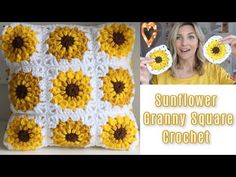 the sunflower granny square crochet pillow is made with yellow and white yarn