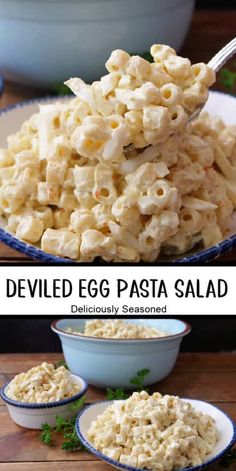 a bowl filled with deviled egg pasta and another bowl full of macaroni salad