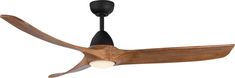 a wooden ceiling fan with two black blades and a white light on the top of it