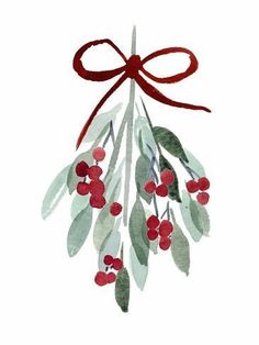 a watercolor painting of berries and leaves with a red ribbon on it's end