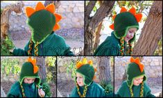 four pictures of a child wearing a green hat with orange ears and tail, in various photos