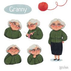 an older woman is knitting while wearing glasses and holding a ball of yarn in her hands