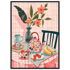 a painting of a tea set on a table with fruit and flowers