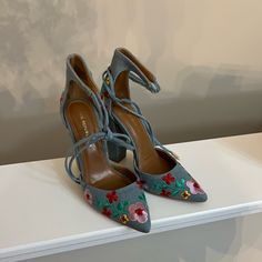 Blue And Multi-Coloured Floral Embroidered Heels With A Unique Design #Floralheels New Size: 6 Spring Floral Embroidered Block Heels, Party Heels With Floral Embroidery And Block Heel, Spring Party Heels With Embroidery, Floral Embroidered Heels, Embroidered Heels, Floral Heels, Floral Shoes, Women's Pumps, Shoes Women Heels